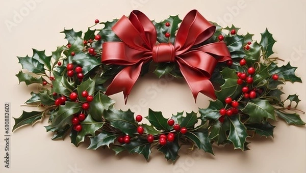 Fototapeta A classic red and green holly wreath with a festive bow on a cream-colored background. Generative AI