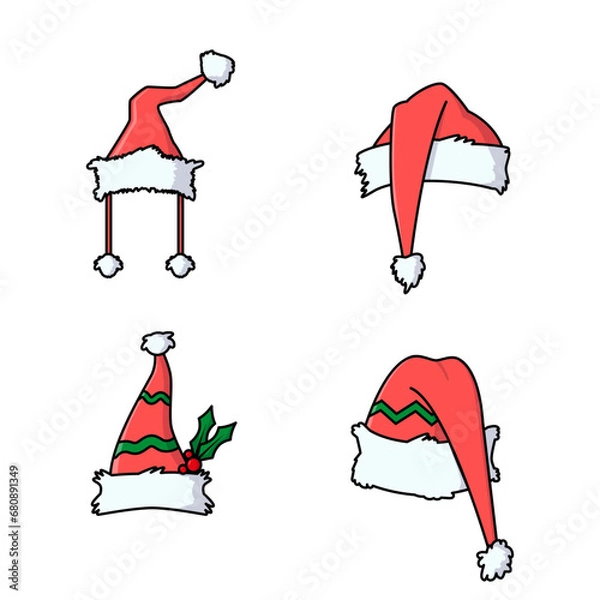 Fototapeta Set of Christmas hats. Vector cartoon illustrations. Isolated objects on a white background.