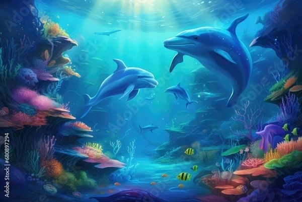 Fototapeta eye catching ocean world backdrop with dolphin and corals