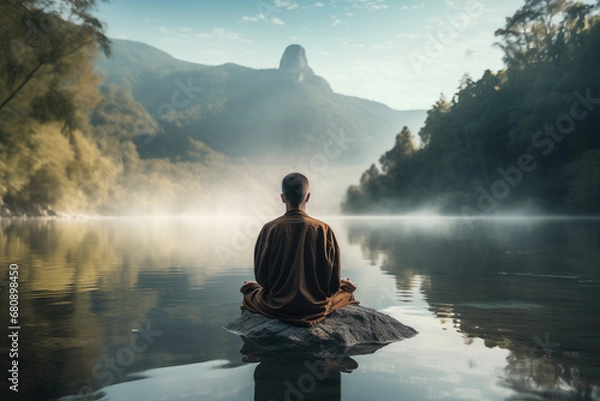 Obraz Monk meditating or meditating by a quiet lake - theme of inner balance, peace and tranquillity