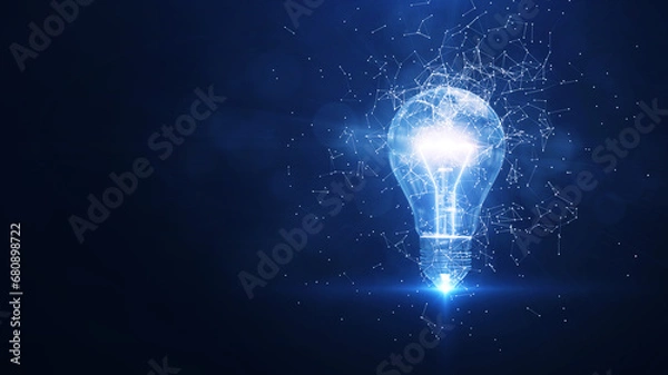 Fototapeta Electric light bulb bright polygonal connections on a dark blue background. Technology concept innovation artificial intelligence brainstorming business success.