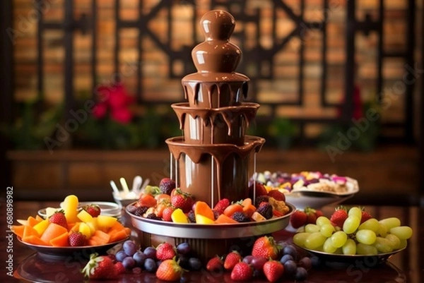 Obraz a bubbling chocolate fountain with skewered fruits and treats