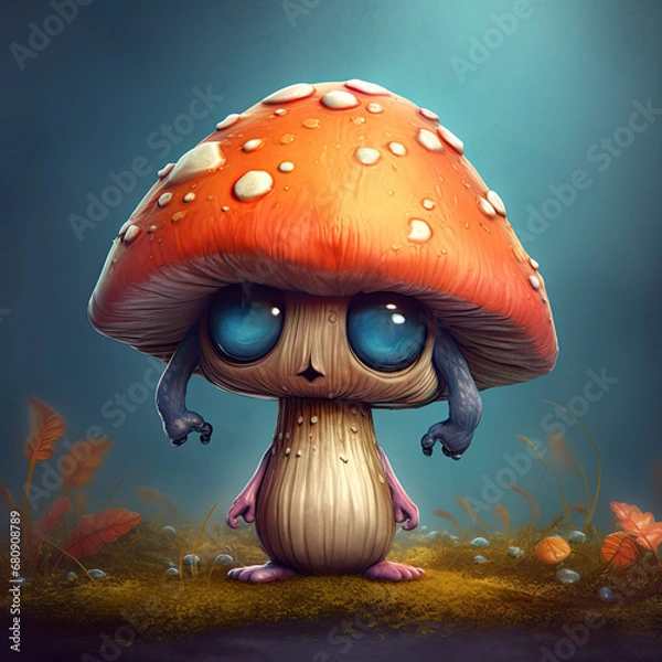 Fototapeta 3D Illustration of mushroom character that is drawn in cartoon style, AI Generated