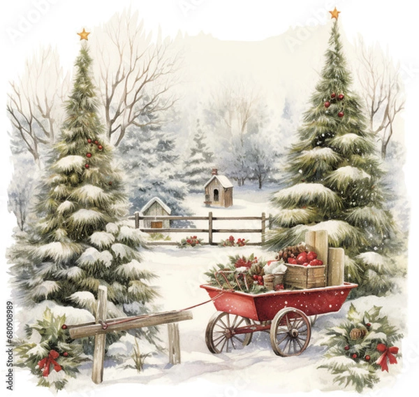 Obraz Festive Watercolor Christmas Tree in Vintage Winter Garden, Isolated Transparent Background