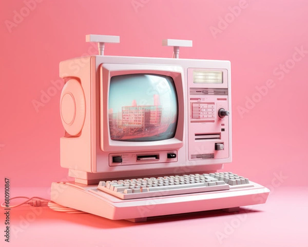 Fototapeta Retro computer with colorful light on it in tones pink and purple, Generative AI