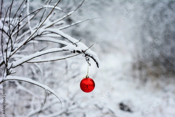 Fototapeta Mystery winter background with a red Christmas ornament hanging on a tree branch in a snowy forest.