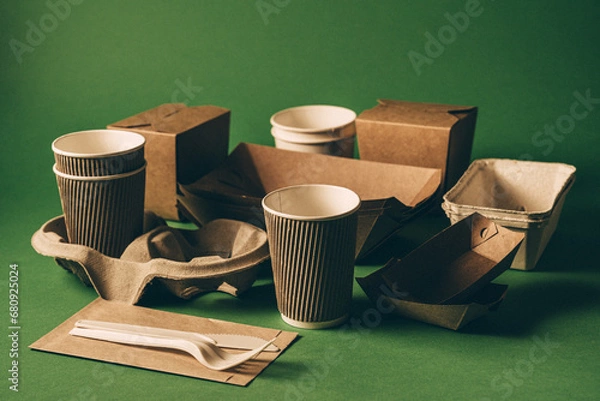 Fototapeta Packaging concept - selection of paper craft packaging on green