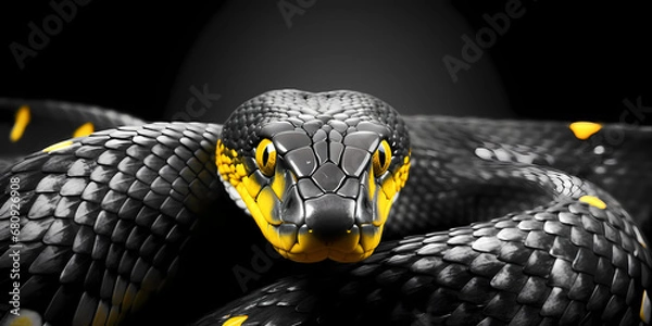 Obraz Close-up portrait of a snake with yellow eyes on a black background