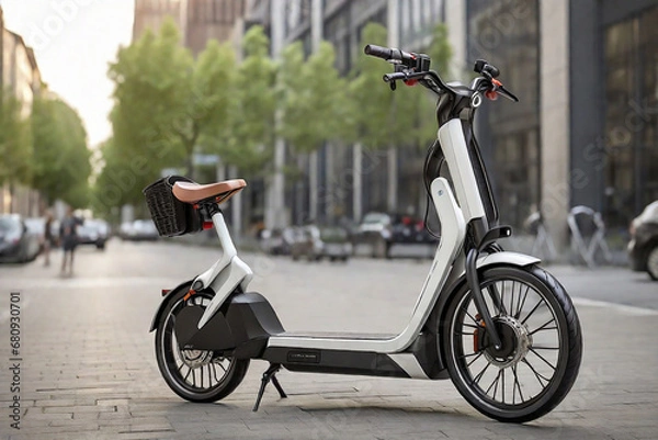 Fototapeta Modern electric scooter on city street. Space for text or design