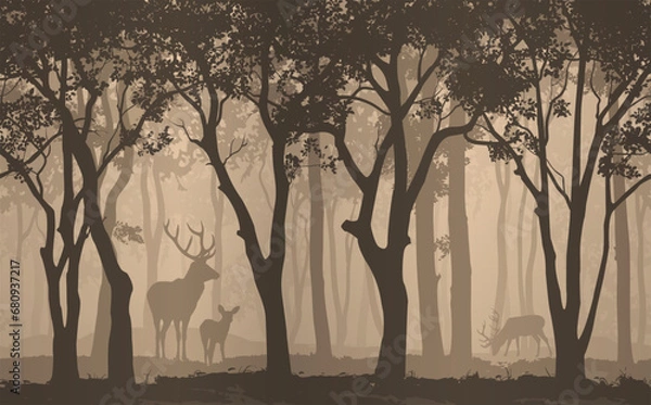 Obraz Seamless horizontal background with deciduous forest and deer, vector illustration	
