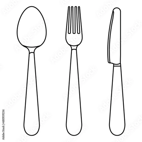 Fototapeta Set of cutlery in linear style. Spoon, fork ,knife. Vector illustration with dining tools.