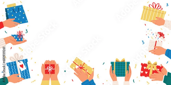 Obraz Different hands holding gift boxes. Flat vector illustration on white background.