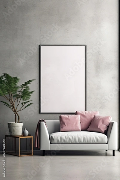 Fototapeta Mockup of empty wall frame on gray wall in living room interior with modern furniture, AI Generated