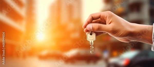 Obraz Expensive car dealer business. Automotive industry. Auto dealership office. A man holds the key to a new car in hands. Generative AI.