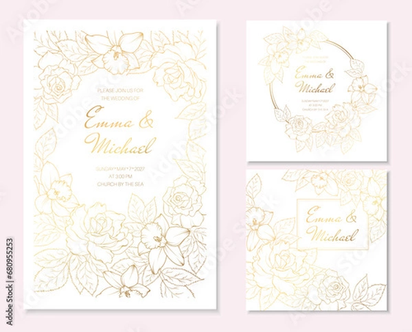 Obraz Gold flowers invitatation set. Wedding floral card template set with peony rose and daffodils.