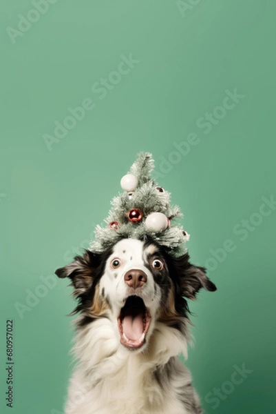 Fototapeta Joyeux Toutou : Un Chien Habillé pour les Fêtes de Fin d'Année en Mode Surprise