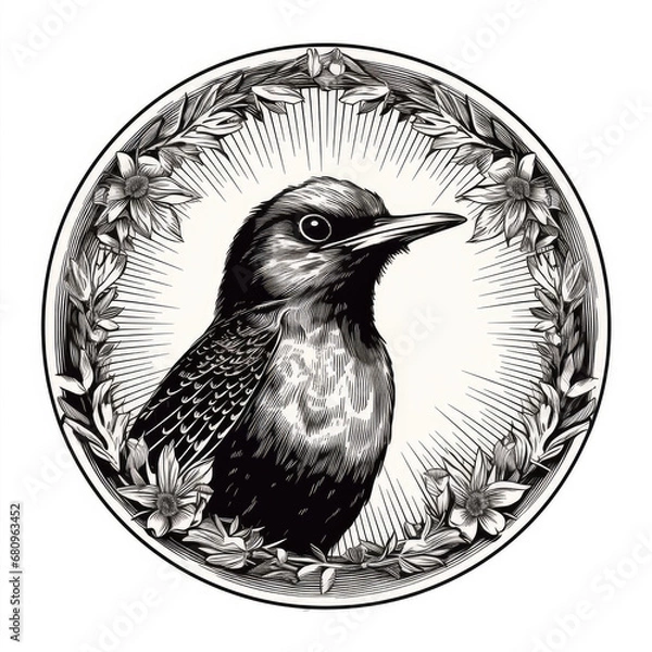 Fototapeta Circular frame of a beautiful bird. Engraving black and white illustration isolated on white background