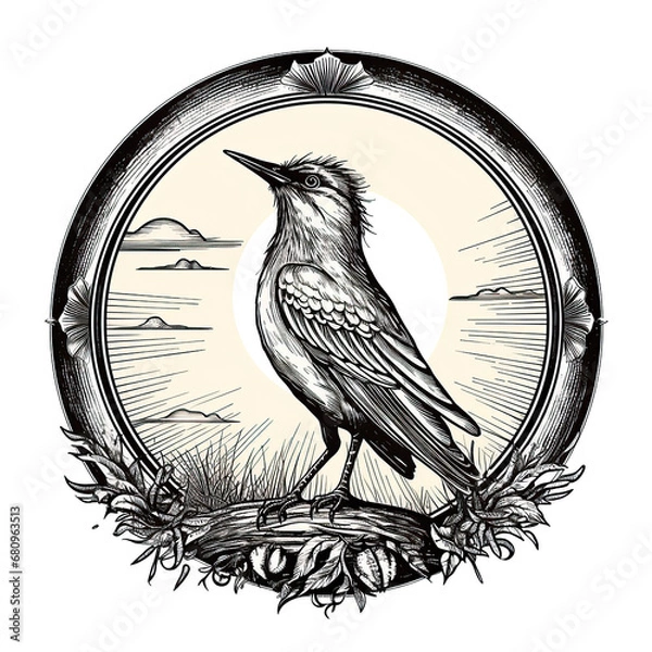 Fototapeta Circular frame of a beautiful bird. Engraving black and white illustration isolated on white background