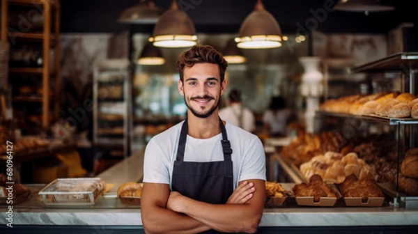 Fototapeta Young man baker in bakery shop looking at camera and smiling. Happy male standing with arms crossed in a bakery