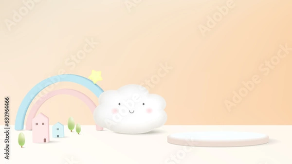 Fototapeta 3D rendering podium kid style with color pastel background, clouds and weather with space for kids or baby product.