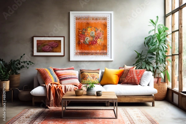 Fototapeta Cozy bohemian eco living room with floor-to-ceiling window, colorful pillows and throws on the sofa, and framed floral artwork on the gray wall