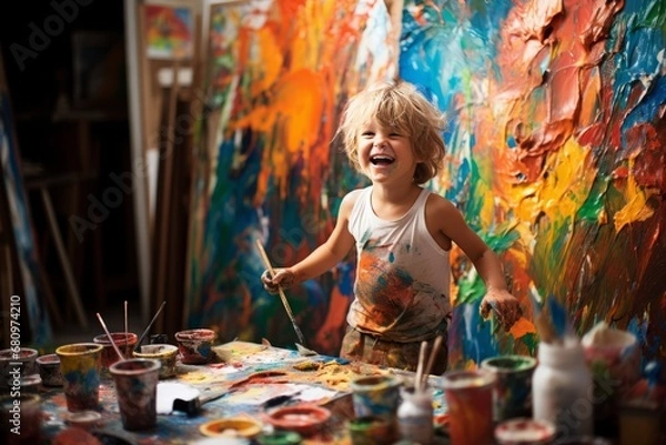 Fototapeta Vibrant Candid Shot of Excited Young Boy Embracing Creative Play with Paint on His Face