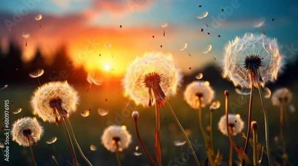 Obraz Dandelion seeds blowing in the sky symbolizing wishe