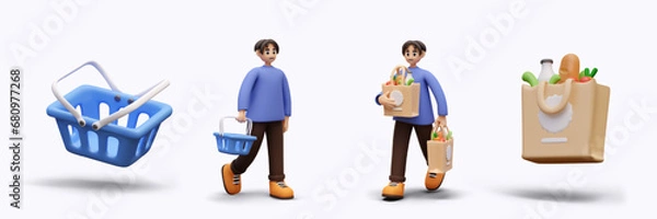 Fototapeta Stages of making purchase in grocery store. Online service. Empty basket, man with empty cart, guy with full bags of food, paper bag with groceries. Illustrations for online store