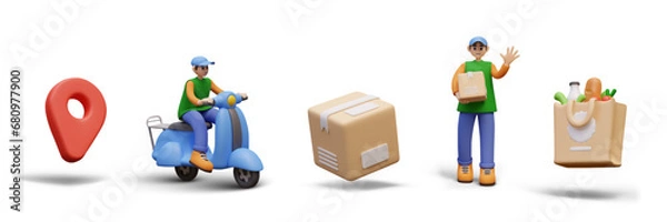 Fototapeta Set of 3D illustrations, icons for delivery service. Red geotag, man on scooter, box, guy with paper package, bag from grocery store. Online ordering and address delivery