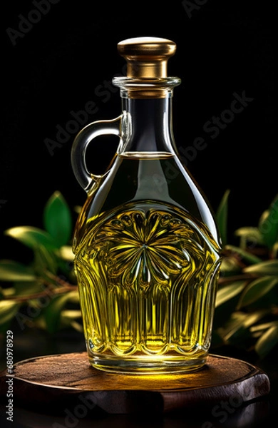 Obraz Generative AI illustration of luxury olive oil bottle placed on wooden surface in light against dark background with blurred green leaves
