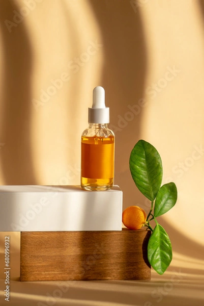 Obraz Serum with vitamin C in cosmetic transparent bottle with dropper lid. Unmarked container on wooden podium for product presentation. Concept of facial skin care. Natural organic cosmetics for beauty