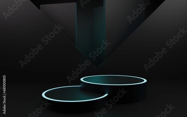 Fototapeta Podium in dark room, neon light. Abstract scene background. Product presentation, mock up, show cosmetic product, Podium, stage pedestal or platform.