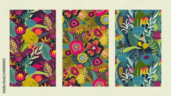 Fototapeta Set of three vector seamless pattern with bright flowers and leaves. Endless floral background.