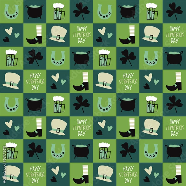 Obraz Seamless pattern with St patrick elements on green background. Modern cute background. Vector illustration