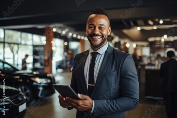 Fototapeta Smiling, friendly car seller standing in car salon and using tablet