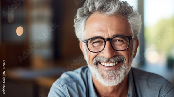 Obraz Close Up Portrait of a Cheerful Senior Man with Gray Hair Wearing Glasses, ai technology