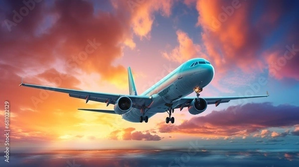 Fototapeta Airplane in the sky. The plane is flying between the clouds. Flat illustration