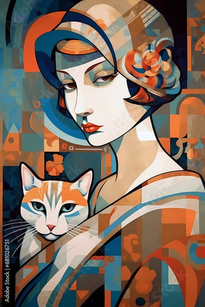 Fototapeta ai generated, woman and cat ilustration, 1920s and 30s aesthetic, art deco paterns