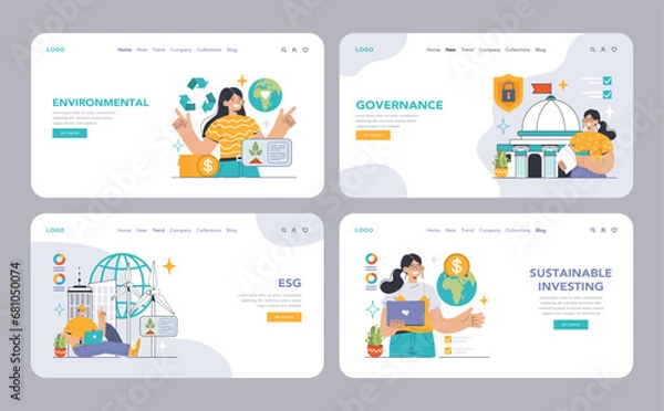 Fototapeta ESG web or landing set. Exploring Environmental, Social, Governance factors. Carbon footprint, sustainable investing, green bonds. Corporate social responsibility. Flat vector illustration