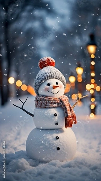 Fototapeta A cheerful snowman in the snow at night on the street among the lanterns. Vertical image of a funny snowman in a hat with a scarf ,Christmas background,generative AI. 