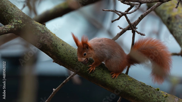 Fototapeta Squirrel eating a nut on a tree isolated