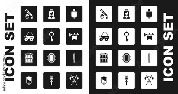 Fototapeta Set Medieval flag, Old key, Wooden four-wheel cart, Sword with blood, Trumpet, Princess, sword and barrel icon. Vector