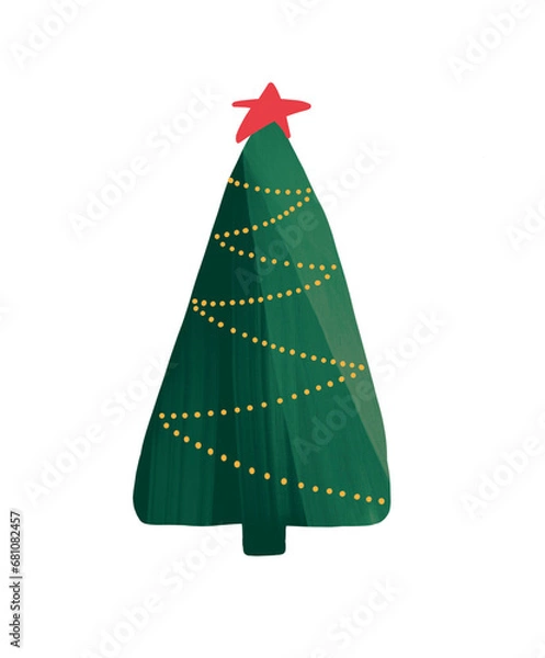 Fototapeta Collage with Christmas tree and Christmas tree toys. Christmas tree with yellow garland. Design element of  New Year's sale banner, print, postcard,  invitation