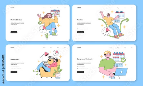 Fototapeta Flexible Work Arrangements set. Professionals enjoying various work schedules. Flexible schedule, flextime, remote work, and compressed workweek. Vibrant personalities in action. vector illustration