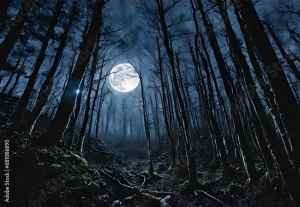Fototapeta Abyssal Ascent: Japan's Aokigahara Forest Under Moonlight.