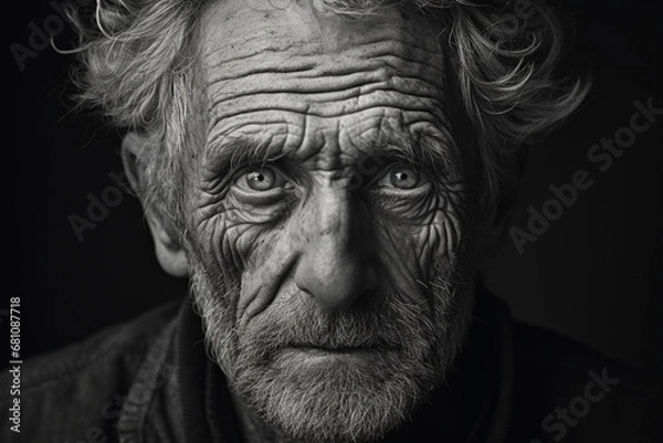 Fototapeta GENERATIVE AI: Time's Gentle Touch - Black and White Portrait of an Elderly Man with Kind Eyes and Wrinkles