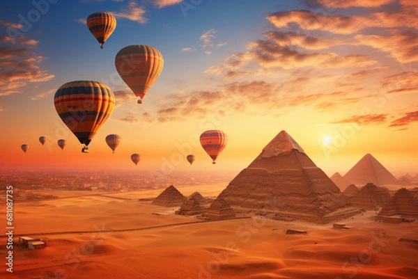 Fototapeta GENERATIVE AI: Soaring Histories - Aerial View of Vivid Hot Air Balloons Over Egyptian Pyramids at Sunset