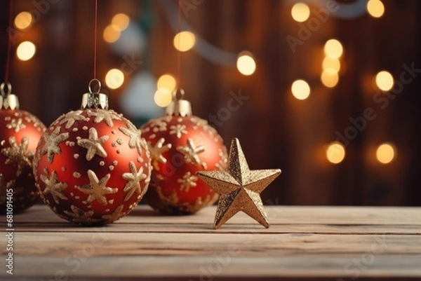 Fototapeta Three red and gold Christmas ornaments beautifully displayed on a wooden table. Perfect for holiday decorations and festive themes