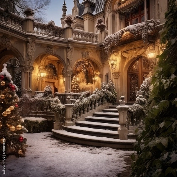 Fototapeta A Medieval Castle Aglow with Holiday Splendor, generative AI 