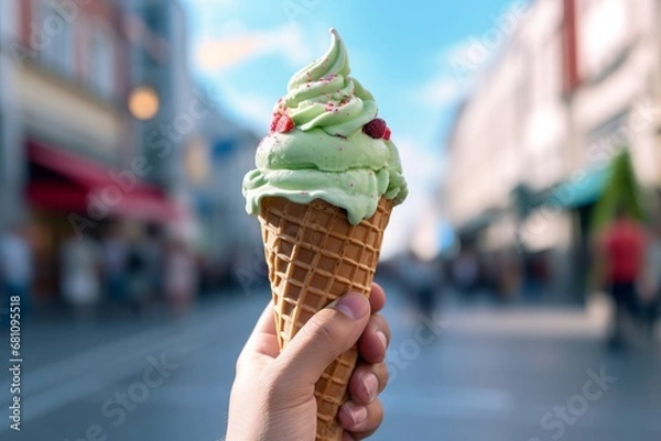 Fototapeta The Joyful Moment of Ice Cream Delight on a Vibrant Urban Boulevard